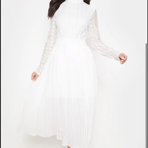 White Lace Top Pleated Midi Dress